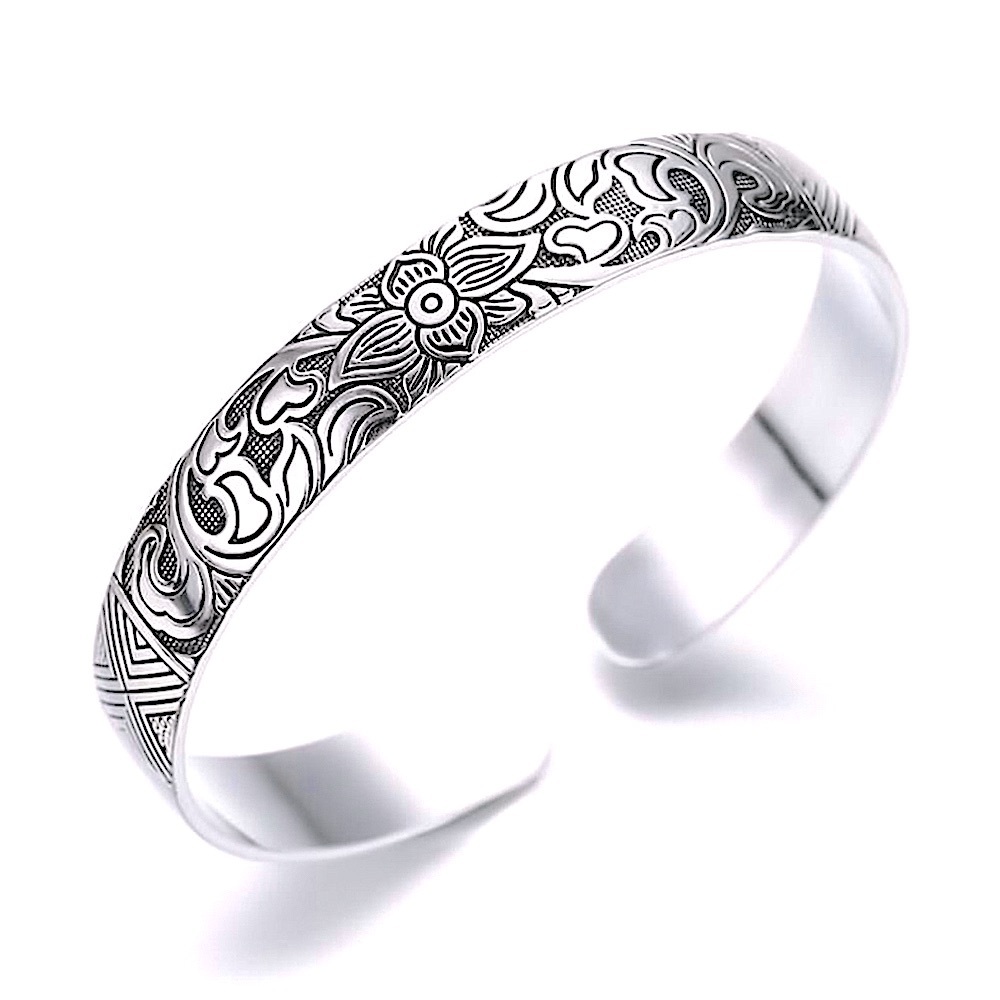 Unisex Lotus 999 Pure‎ Silver Cuff Bracelet 60mm Adjustable